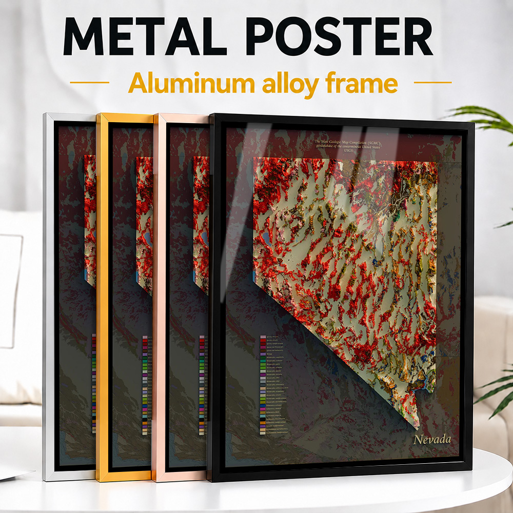 Custom Map Poster - Nevada Geological Map Framed Aluminum Metal